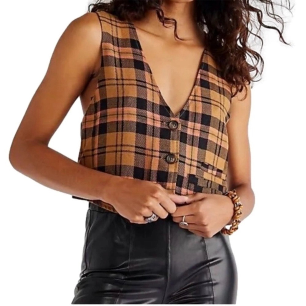 We The Free Free People Plaid Cropped Vest Brown Orange Linen Blend Waistcoat S